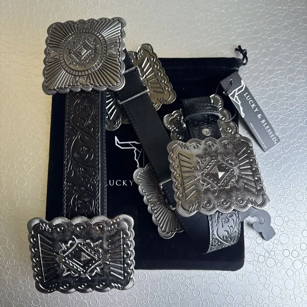 New Lucky & Blessed Black Embossed Concho Belt - Size S Runs Bigger Dust Bag